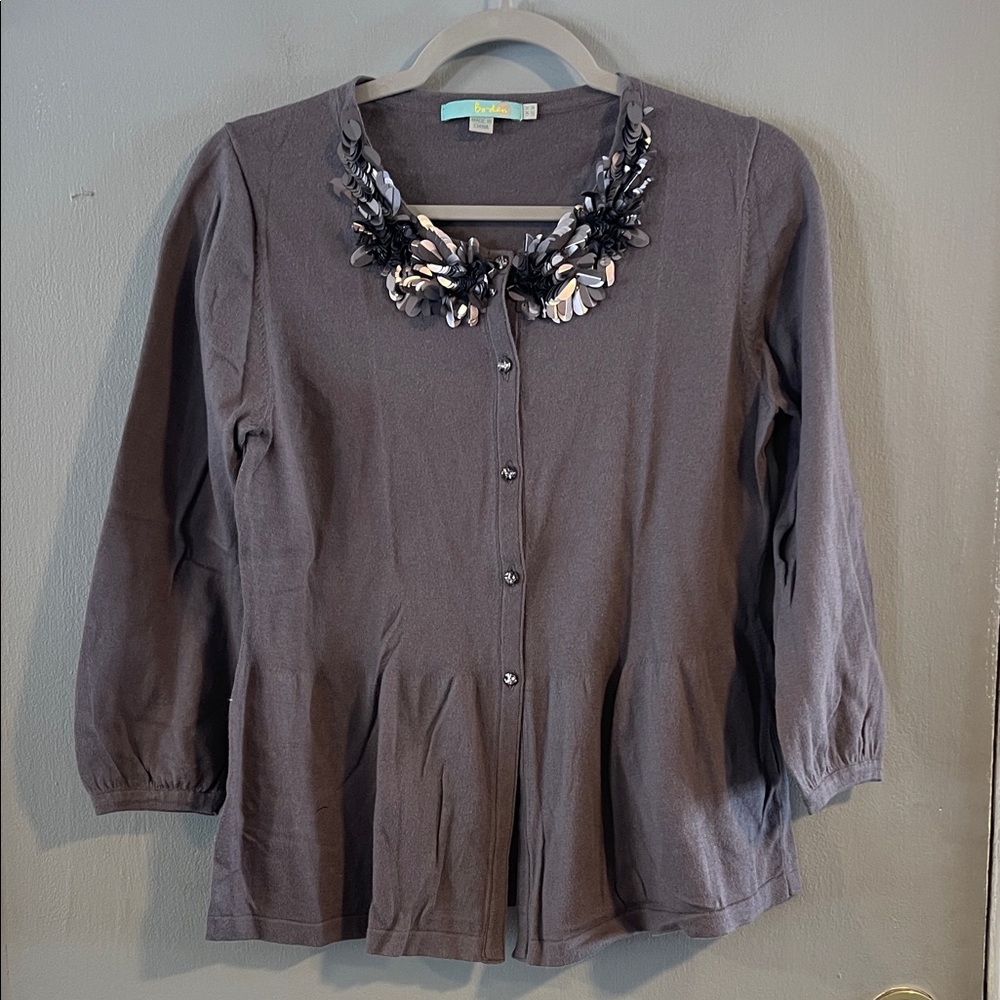 Boden Silk Gray Cardigan with‎ Floral Sequin Embellishments Size 10